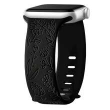 花卉雕刻表带，兼容 女款表带 38 毫米 40 毫米 41 毫米 42 毫米 44 毫米 45 毫米 46 毫米 49 毫米，柔软硅胶可爱图案运动表带，适用于 女款 10 系列 9-1 SE Ultra1/2 - 黑色 - 查看 2