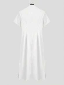 INCERUN Fashion Mens Stand Collar Button Front  Short Sleeve Ruffles Hem Blouse Holiday Casual Party Long Shirt Tops - 白色 - 查看 4