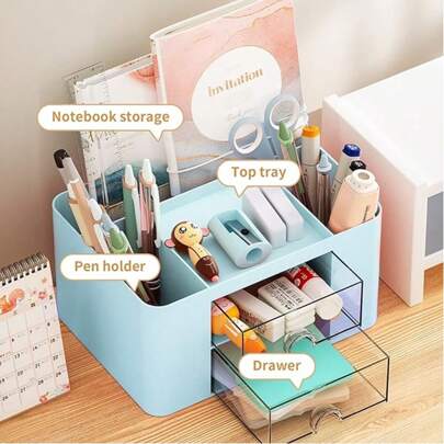 Pen Organizer With 2 Drawer, Multi-Functional Pencil Holder For Desk, Desk Organizers And Accessories With 5 Compartments + Drawer For Office Art Supplies