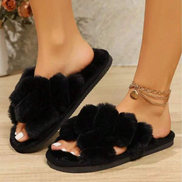 Pantuflas de mujer de felpa, de unicolor, de slip-on, suela de EVA, forro y plantilla de tela, lavado a mano, zapatos suaves para interiores y exteriores adecuados para otoño/invierno