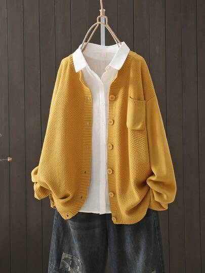 JNQualytrix Women's Round Neck Front Button Knit Cardigan, Long Sleeve Dropped Shoulder Loose Sweater With Pockets, Autumn/Winter Casual Jacket