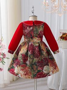 Vintage Floral Fairy Tale Dress, Delicate Pearl Trim Collar Paired With Colorful Floral Jacquard Long Sleeve Dress - Autumn/Winter Princess Dress, Suitable For Family Gatherings, Christmas Parties, Performances, Casual Wear, Parent-Child Outings - Nhiều màu - Xem 8