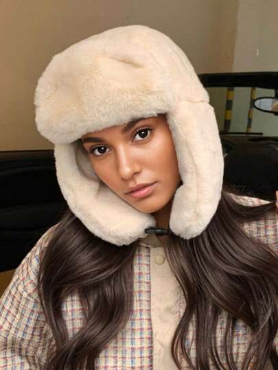 1 pieza Gorro de trampero unisex para invierno, sombrero de orejeras de moda casual de piel de conejo para exteriores, gorra a prueba de viento para ciclismo, gorro negro sin visera para atuendos de invierno y otoño