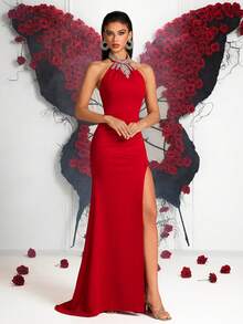 ADYCE 女士华丽水钻露背系带长裙，高腰褶裥设计，适合舞会、派对、正式场合、婚礼等。 - 紅色 - 查看 6