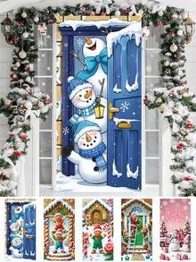1pc Winter Snowman Blue Door Decor Set, Pine Tree Lantern Snowflake Front Door Hanging Banner Background, Christmas Seasonal Indoor Outdoor Home Decor, Christmas Decoration, Made Of Polyester, Suitable For Christmas Party Decor, Holiday Party Supplies, Photo Prop, New Year, Christmas Christmas Decorations Room Decor - Multicolor - View 3