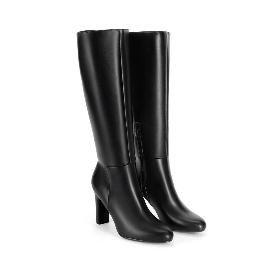 Women's Chunky Heel Knee High Boots Side Zipper Tall Boots Round Toe Solid Color Fashionable Sexy Long Boots For Autumn/Winter - 黑色 - 查看 1