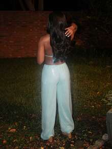 Steph T 亮片低腰长裤度假夏季伊比沙岛优雅沙滩装波西米亚风休闲狂欢节夏季保暖女装 - 淺藍色 - 查看 5