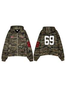 Hooded Sweatshirt With American Retro Street Style Digital Print Zipper Pullover Top