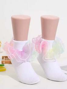 1 Pair Girls' Ruffle Trim Socks, Princess Baby Dance Rainbow Lace Socks - Multicolor - View 9