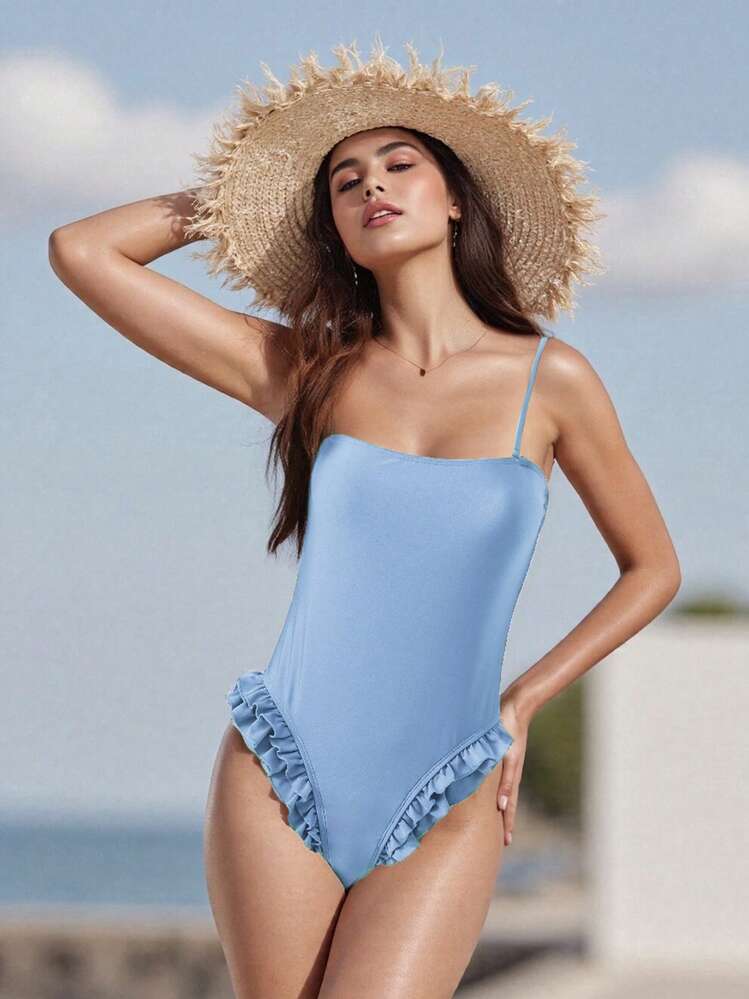 Traje de baño monokini para mujer, color sólido, tirantes finos, volantes, sin mangas, traje de baño de verano, bikini - Azul celeste - Añade 3