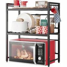 Expandable Microwave Stand3 Tier Metal Kitchen Countertop Organizer Shelves With 8 Hooks Bakers Rack Microwave Shelf Microwave Oven Rack 110lbs Weight Capacity - 3tierBlack - 查看 1