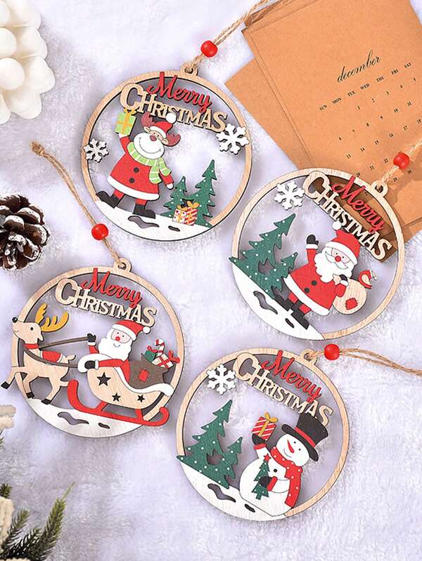 1/4 Pcs Wooden Hollow Christmas Ornaments, Colorful Christmas Tree Decorations, 4 Styles: DIY Santa Claus, Snowman, Reindeer, Round Hollow, Perfect For Winter Crafts, Perfect For Christmas