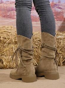 2025 Nowe brązowe krótkie botki damskie, jesień/wiosna, dopasowany krój, retro postarzane kowbojki z frędzlami