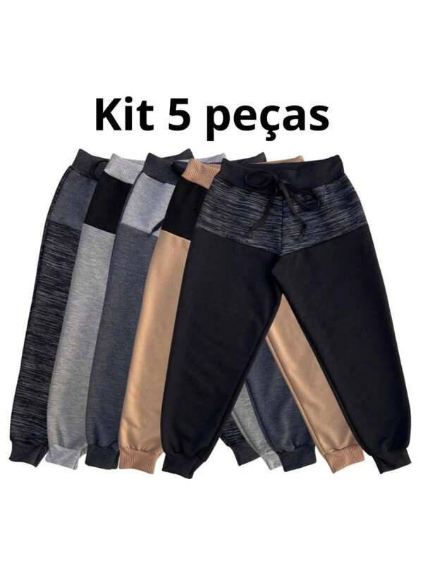 Kit 5 Calças Moletom Bicolor Moletinho Infantil Menina Menino Inverno