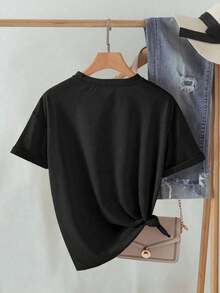 Camiseta de mujer de cuello redondo de manga corta con estampado de calavera, camiseta gráfica de verano para mujer - Negro - Ver 2