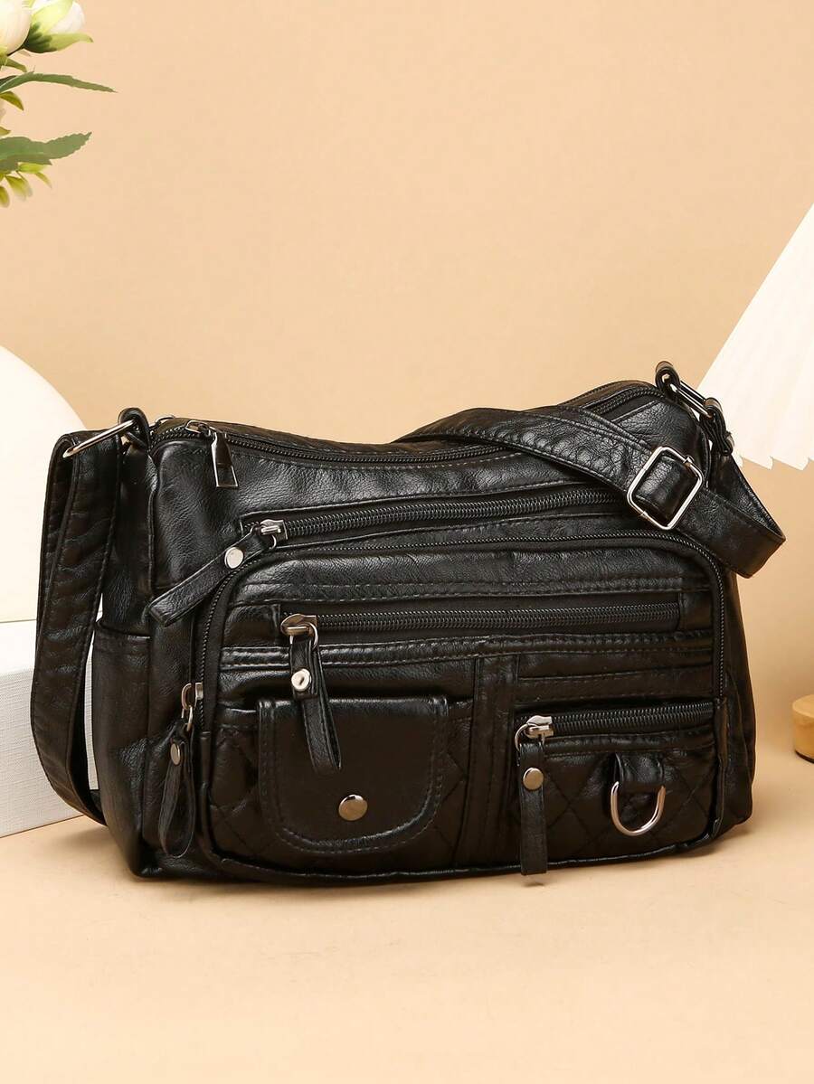 柔软多拉链口袋单肩包防水复古 PU 皮革斜挎包可调节肩带纯色 - 黑色 - 查看 1