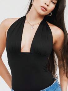 Women's Halter Bodysuit With Plunging Neckline – Sexy, Tight, Y2K Style, Party And Casual Look - màu đen - Xem 2