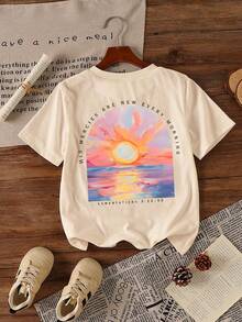 女童简约日出图案套头圆领T恤，休闲夏秋新款少女服装 - 杏色 - 查看 2