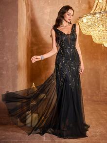 Elisanya 1pc Shiny Sequin Elegant Party Dress, Sleeveless Deep V-Neck Sequin & Mesh Splice, Knit Fabric Zipper Fitted Backless With Extra Large Mesh Hem, Formal Evening/Wedding/Fall/Halloween Party Dress - Black - View 4