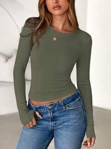 Women Spring And Fall Long Sleeve Shirts Ribbed Crewneck Fitted Basic Tee Going Out Tops Casual Workout Vacation Outfits - 軍綠色 - 查看 5