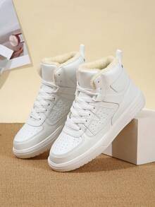 Korean Ins Style Women's Casual High-Top Sneakers, Pure White, Fleece Lining,Versatile And Fashionable, Suitable For Urban Commuting, Comfortable Soft Sole, Round Toe Lace-Up - trong khi - Xem 5