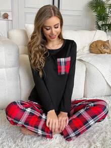 بيجامة نسائية مكونة من ملابس علوية بأكمام طويلة وجيب وبنطال مربعات، ملابس نوم للخريف والشتاء - الأسود - مشاهدة 5