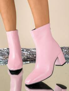 Giày bốt cao gót cổ ngắn kiểu Pháp thanh lịch mới dành cho nữ, bốt thời trang đế dày chuyên nghiệp cỡ lớn cho mùa thu/xuân, gót chunky. - Hồng - Xem 4