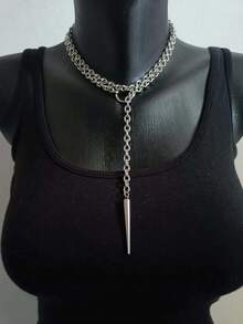 朋克耳钉项链，哥特式珠宝，蝙蝠，夸张，嬉皮，Y2K，夜店，O 形环，设计感，男女颈链 - 銀色 - 查看 1