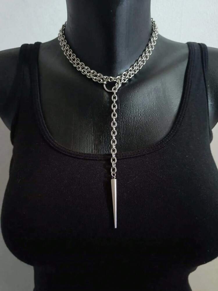 朋克耳钉项链，哥特式珠宝，蝙蝠，夸张，嬉皮，Y2K，夜店，O 形环，设计感，男女颈链 - 銀色 - 查看 1