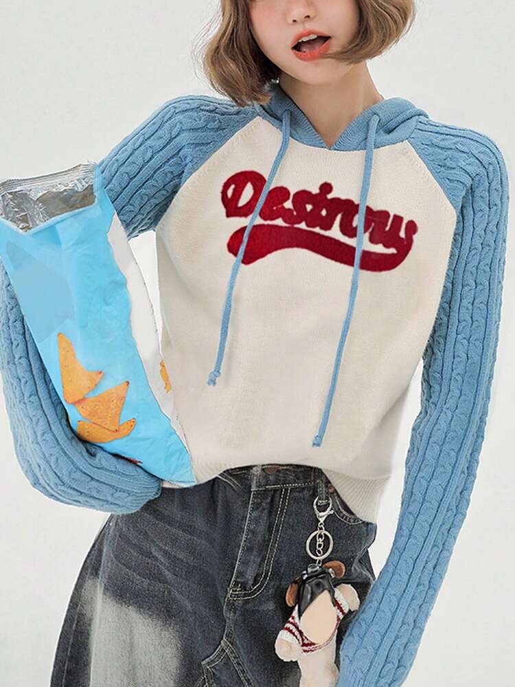 女款美式校园风字母图案连帽套头衫，秋冬款 - 藍白色 - 查看 5