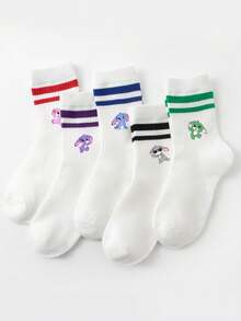 5 Pairs Kids Colorful Double Bar White Sports Mid-Calf Socks, Cute Cartoon Blue Rabbit & Tao Tao Pattern, Fashionable & Versatile, Skin-Friendly Soft Breathable Casual Sports Socks, Suitable For Back To School, Daily Wear, Holidays, Travel, Back To School Season - Multicolor - View 2