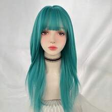 Synthetic Long Green Straight Wigs With Bangs For Women Daily Cosplay Lolita Carnival Party Fake Hair