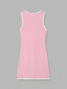 V领纽扣无袖休闲简约街头风通勤薄针织短裙，春夏、新年、情人节 - 淺粉拼白邊 - 查看 9