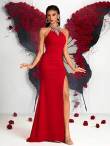 ADYCE 女士华丽水钻露背系带长裙，高腰褶裥设计，适合舞会、派对、正式场合、婚礼等。 - 紅色 - 查看 9