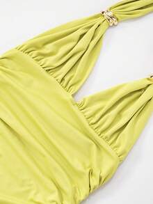 Women Halter Neck Mini Dress Flowy Irregular Ruffle Hem Backless Summer Ruched Cocktail Party Dresses - màu xanh lá - Xem 7