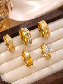 4/5pcs Fashionable & Elegant Stainless Steel Gold-Tone Women Rhinestone Ring Set, Suitable For Daily Wear, Festivals, Dates, Engagements, Weddings, Gift For Lover, Friend, Family - Gold - View 6