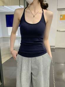 Summer Korean Style Fitted Padded Chest Versatile Backless Camisole Tank Top - Navy Blue - View 4