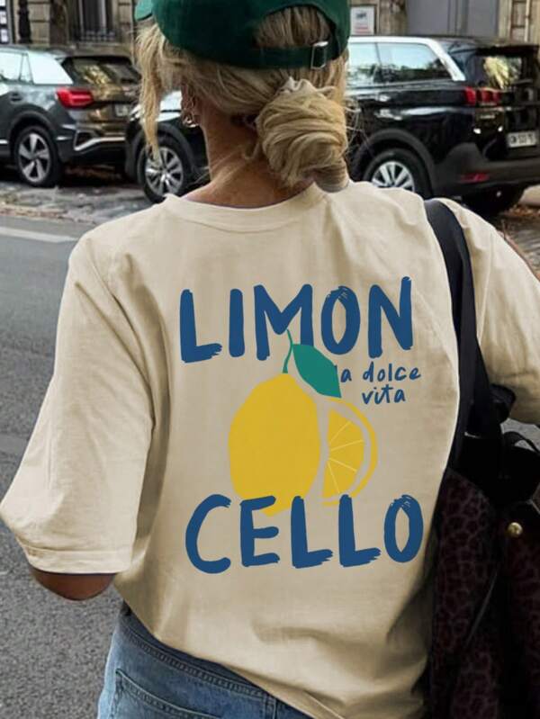 Camiseta de mujer de manga corta con cuello redondo y gráfico de limón, estilo casual y versátil para vacaciones, atuendo de verano de moda adecuado para uso diario durante las vacaciones
