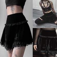 Women Cross Embroidery Y2k High Waist Mini Skirts Punk Grunge Lace Trim Lace Trim Velvet Skirts Gothic Goth Punk Emo Skirta Daily Casual Party Club Streetwear - 黑色 - 查看 4