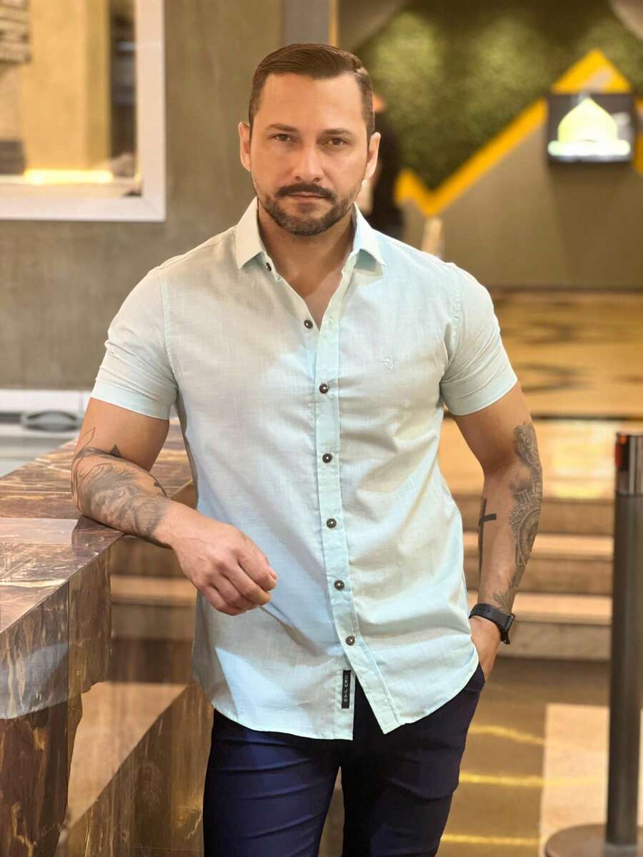 Men's Short Sleeve Shirt 100% Cotton - Màu xanh Ô liu - Xem 1