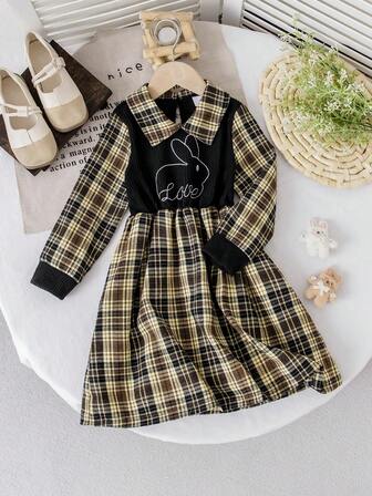 女童简约连衣裙，翻领，水滴形后背，兔子图案，休闲甜美可爱少女格子连衣裙，适合户外日常活动