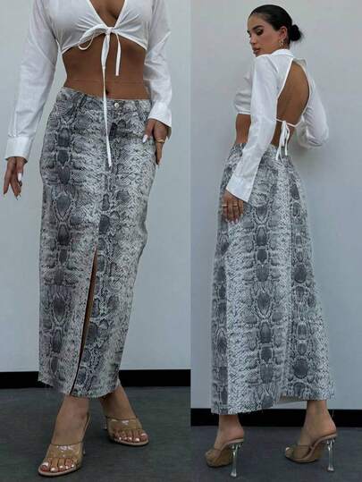 Snake Print Earth Tone Midi jeanskjol