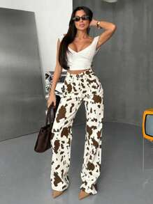 SQUALO Pantalones casuales de cintura alta con estampado de vaca y ajuste holgado para mujer