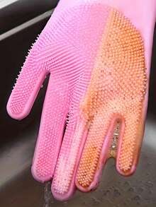 1/2/4 双耐用硅胶仿皮厨房清洁洗碗手套，防水，适用于家务、洗菜、洗碗，厚实耐磨厨房手套 - 彩色 - 查看 6