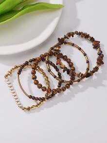 BOCAR 5pcs/Set Boho Copper Chained Bead & Faux Turquoise Bracelets, Suitable For Women Holiday & Daily Wear - Set - View 16