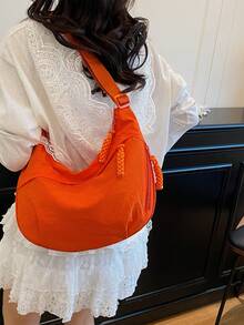Tas Bahu Tahan Air Nilon Warna Polos yang Modis, Gaya Kasual Minimalis untuk Mahasiswa, Tas Selempang dengan Tali Lebar dan Desain Ritsleting Ganda, Cocok untuk Pelajar, Belanja, dan Penggunaan Sehari-hari - Jeruk - View 11