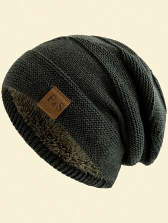 JZML 1pc Unisex Letter Label Decor Plush Lined Slouchy Beanie