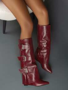 款式与上衣，时尚女式及膝靴尖头红色折叠坡跟靴拉链高跟鞋扣装饰复古街头风格设计师长靴 - 酒紅色 - 查看 9