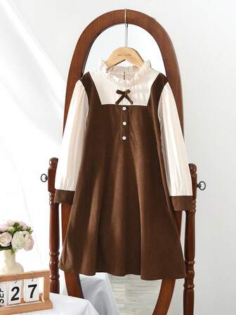 青少年女孩可爱蝴蝶结连衣裙长袖连衣裙秋春装优雅休闲装