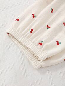 3件套皱红樱桃印花短袖开衫、短裤和长裤睡衣套装 - 杏色 - 查看 5